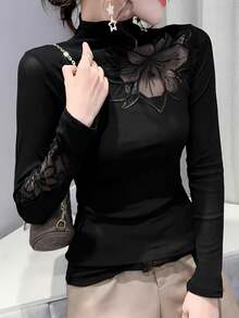 Rollkragen Basisshirt für Damen, Herbst/Winter 2024 Neu Sexy Cut Out Fleece T-Shirt, eng anliegende langärmlige Top Lage,