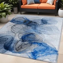 5' X 8' Ivory Blue And Gray Abstract Washable Non Skid Indoor Outdoor Area Rug