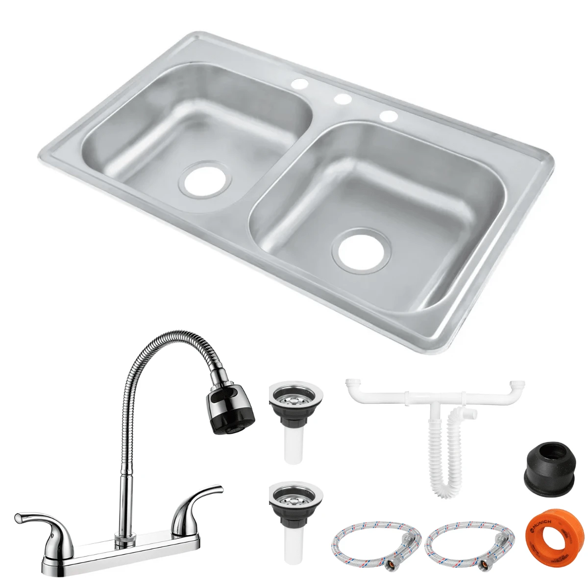 Kit De Fregadero Tarja Tina Doble Acero Inoxidable 84x48 Mezcladora Flexible - Plateado - Ver 1