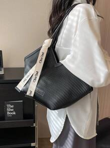 New Fashion Versatile Color Block Design, Grooved Design, Large Capacity Dual Handle Shoulder Tote Bag, Suitable For Travel, Shopping, Commuting, Decorated With Scarf Pattern, Elegant Women's Wallet, Business Commuter Wallet - Black - View 4