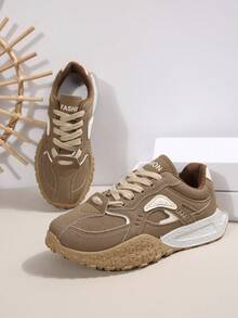 2024 年新款时尚流行百搭休闲软底轻便运动鞋，舒适女式平底鞋 - 卡其色 - 查看 5