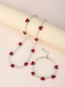 2 件套可爱樱桃和人造珍珠儿童项链和手链套装 - 彩色 - 查看 3