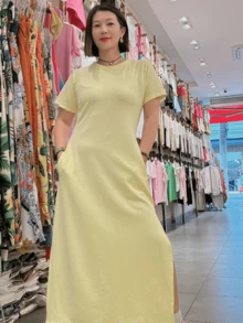 Simple High-End Color Draped Straight Long Ankle-Length Loose Dress European And American Sweet And Fresh Slimming Long Dress For Women - Màu vàng - Xem 1