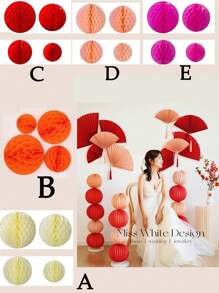 5pcs/Set Chinese Style Red Wedding Large Paper Fans, Decor For Wedding Room, Including Paper Lanterns, Pillars And Honeycomb Hanging Balls