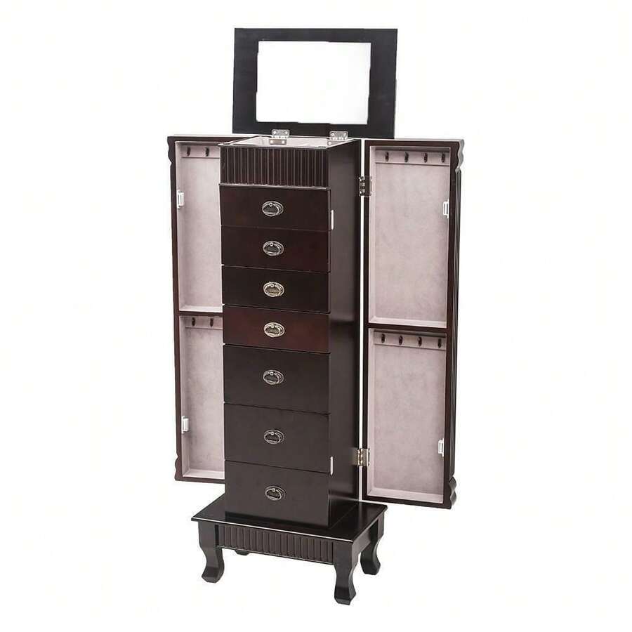 Wooden Jewelry Mirror Armoire Box Storage Chest Free Stand