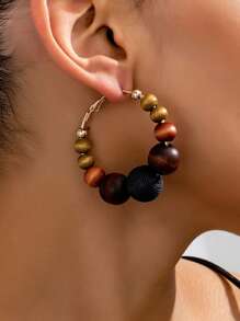 1 Pair Women Wooden Beads Hoop Earrings, Suitable For Daily Wear, Autumn/Winter - Brown - View 3