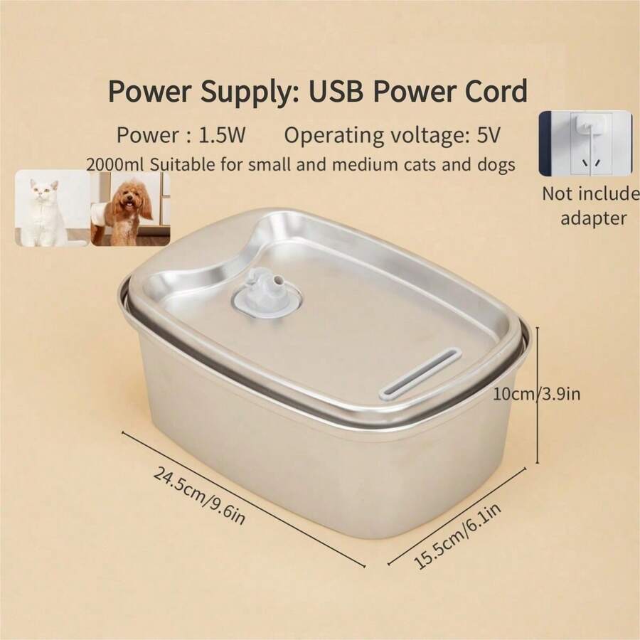 1pc Automatic Pet Water Fountain Stainless Steel, 61oz/1.8L Dogs/Cats