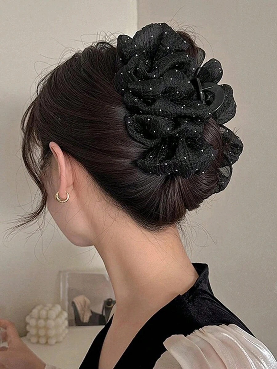 topshiny 1 件闪亮星形蓬松发爪夹，适合女性日常穿着和服装搭配发夹发夹发夹发夹发夹接发夹，黑色发饰秋冬度假装女士 - 黑色 - 查看 1