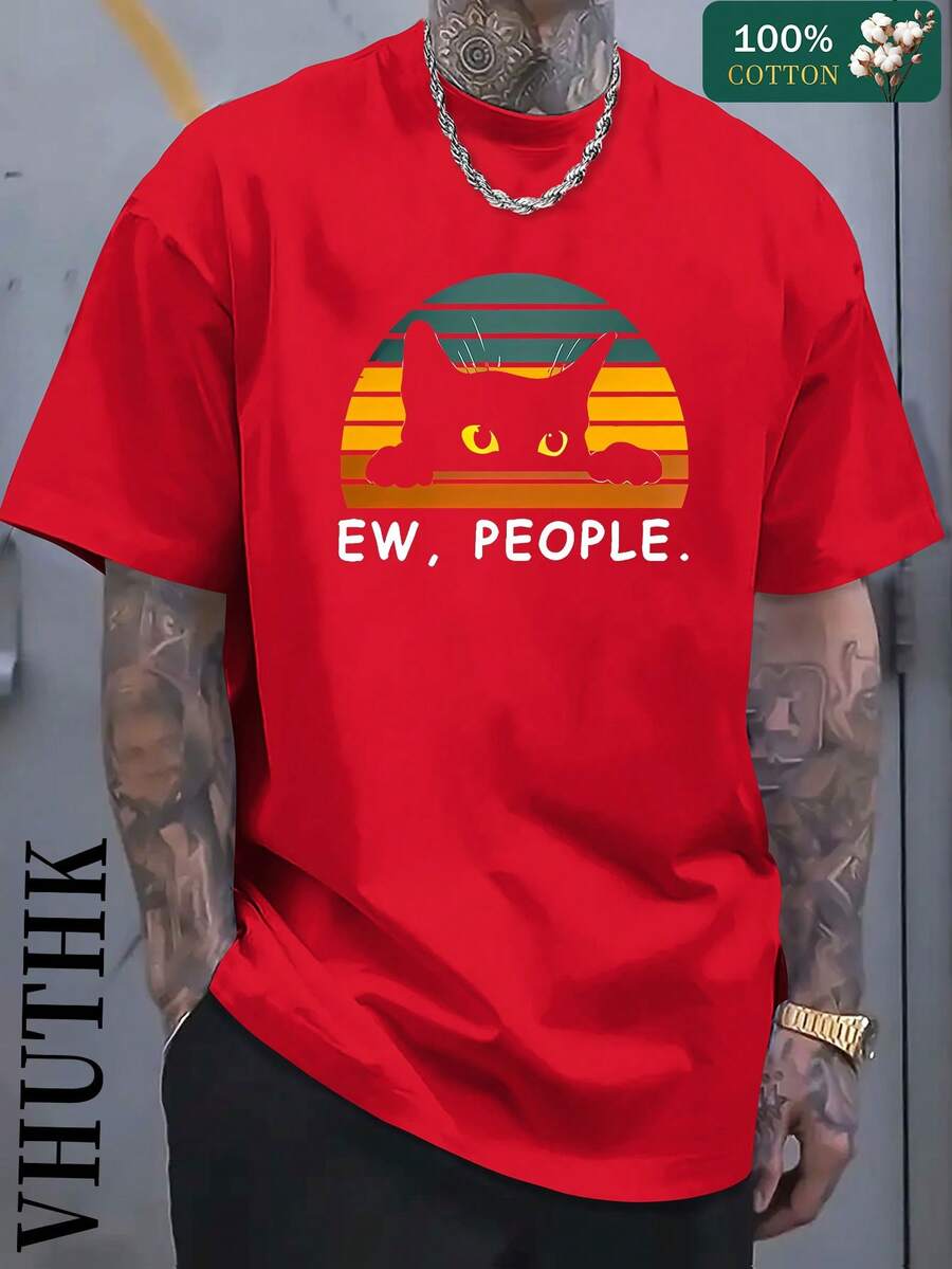 (220 Pure Cotton T-Shirt)    Men's Summer Round Neck Short Sleeved Casual Pure Cotton EW, PEOPLE. - 紅色 - 查看 1