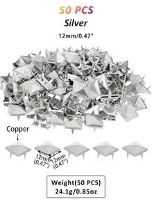 50 PCS Copper Square Pyramid Studs For Clothing Bag Leather Shoes Punk Rock Jewelry Craft, 4 Prong Metal Nailhead Studs Spikes Accessories With Awl(Silver, 8/10/12mm)