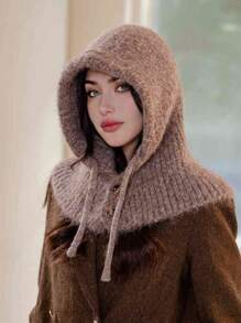 1pc Women Solid Color Balaclava Hat, Warm Thick Knitted Beanie, Cute Social Media Influencer Style, Casual Elegant Retro Street Fashion Versatile Knitted Cap, Suitable For Outdoor Walking, Skiing, Cycling, Travel, Party, Daily Use In Autumn/Winter