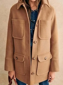 Plus Size Women Solid Color Long Sleeve Pocket Button Collar Vintage Overcoat, Autumn/Winter - Apricot - View 2