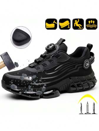 Men's Industrial Warehouse Work Shoes, Outdoor Sports Lightweight Breathable High Elastic Anti-Slip Safety Shoes, Anti-Crush Anti-Puncture Steel Toe Protective Shoes, Rotary Buckle Labor Protection Shoes (Run Small By Half Size)