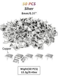 50 PCS Copper Square Pyramid Studs For Clothing Bag Leather Shoes Punk Rock Jewelry Craft, 4 Prong Metal Nailhead Studs Spikes Accessories With Awl(Silver, 8/10/12mm)