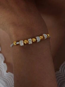 RAYQUEEN 1pc Stainless Steel Rhinestone Beaded Adjustable Bracelet, Versatile & Sparkling, Suitable As Gift - Bracelet - View 4