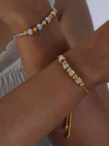 RAYQUEEN 1pc Stainless Steel Rhinestone Beaded Adjustable Bracelet, Versatile & Sparkling, Suitable As Gift - Bracelet - View 2