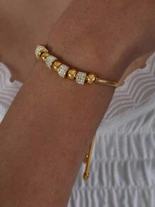 RAYQUEEN 1pc Stainless Steel Rhinestone Beaded Adjustable Bracelet, Versatile & Sparkling, Suitable As Gift - Bracelet - View 5