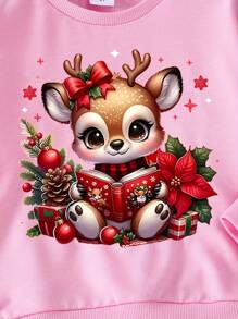 1pc Young Girl Casual Christmas Reindeer Print Long Sleeve Sweatshirt, Autumn/Christmas Season