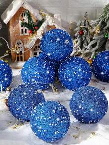 6 件闪光圣诞球装饰套装 3.15 英寸圣诞球散装圣诞亮片泡沫悬挂装饰品圣诞装饰球树家居婚礼节日派对装饰（蓝色） - 藍色 - 查看 6