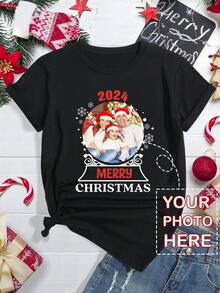 Áo thun in hình quả cầu pha lê Giáng sinh tùy chỉnh cho nữ, cổ tròn tay ngắn vừa vặn - màu đen - Xem 1