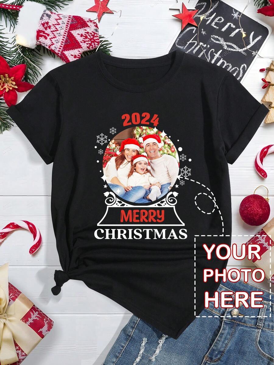 Áo thun in hình quả cầu pha lê Giáng sinh tùy chỉnh cho nữ, cổ tròn tay ngắn vừa vặn - màu đen - Xem 1