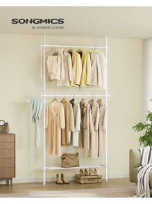 SONGMICS Portant à Vêtement du Sol au Plafond, Portique Vêtement Stable, Rangement 3 Niveaux, Étagère Extensible, Bras de Support Pliable, Barres Télescopiques, Blanc mat - Blanc - Voir 2