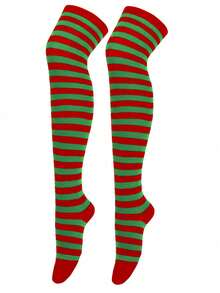 1 paire de nouvelles chaussettes hautes jusqu'aux genoux, rayées rouge-noir, rouge-vert, style européen, hautes jusqu'à la cuisse