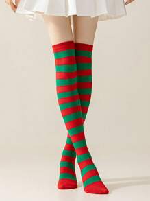 1 paire de nouvelles chaussettes hautes jusqu'aux genoux, rayées rouge-noir, rouge-vert, style européen, hautes jusqu'à la cuisse