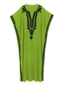 Green Embroidered Arabic Style Robe For Women - Green - View 6