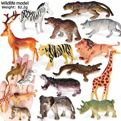 12 件野生动物模型玩具，包括鳄鱼、豹子、斑马、狼、梅花鹿、河马、长颈鹿、老虎、狮子、犀牛、熊猫、大象、迷你野生动物模型、学习教育模型、生日节日礼物玩具（颜色随机）