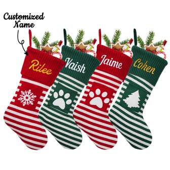 1 PIEZA Calcetín navideño personalizado, Calcetín navideño a rayas grande de 18" con nombre bordado, Calcetín navideño de punto para decoración festiva