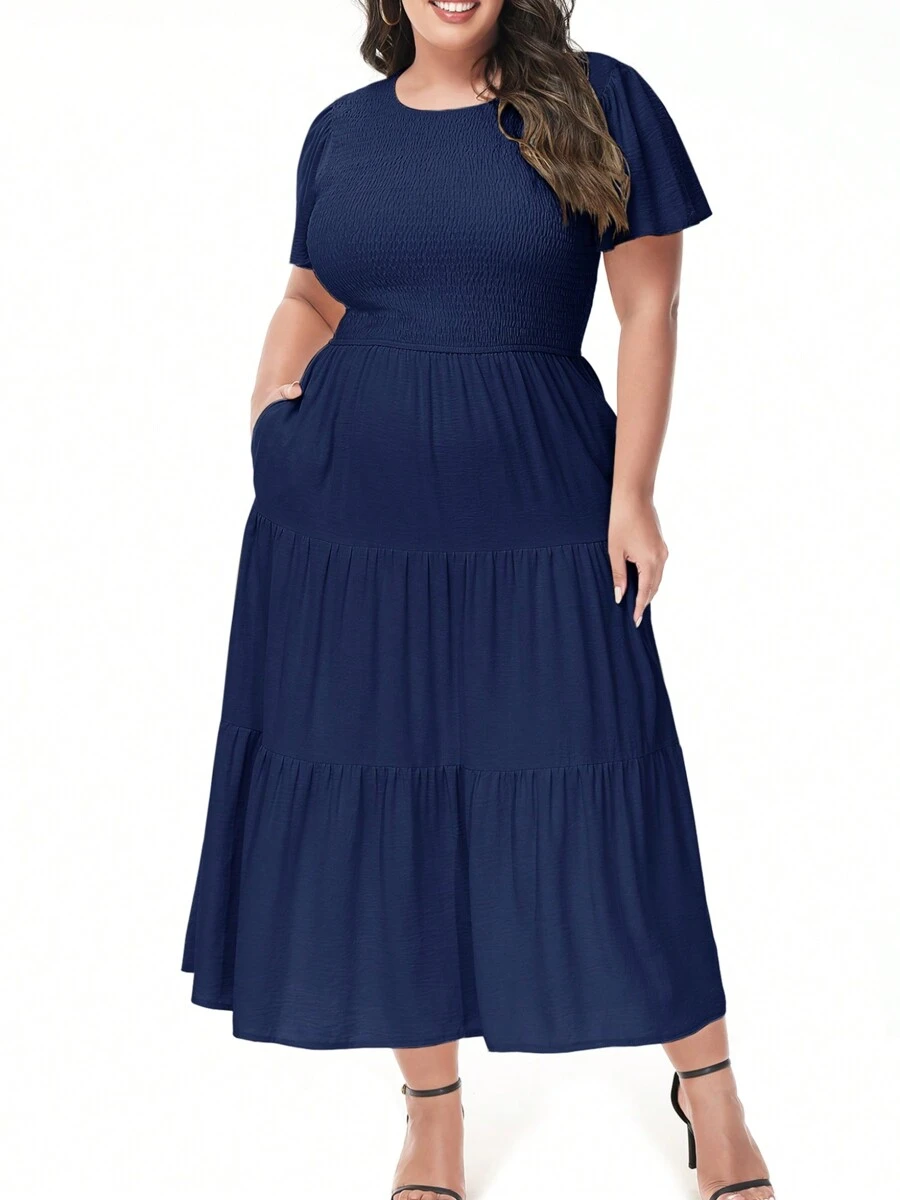 Women's Plus Size Casual Round Neck Flutter Short Sleeve Elastic Waist Smocked Tiered Maxi Dress - Màu xanh hải quân - Xem 1