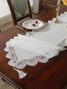 1 buc. Aleer de masă din dantelă albă rafinată, față de masă din poliester în stil boem, decor de fermă rezistent la praf, perfect pentru nunți, banchete și adunări de vară în aer liber.