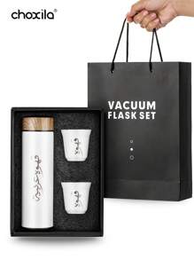 choxila 3pcs Coffee Gift Set, Included 1pc 400ml Stainless Steel Water Bottle And 2pcs 80ml Cups, Insulated Tumbler With Wood Grain Lid, Travel Water Bottle, Metal Coffee Bottle, Water Cup, Coffee Cup,Back To School