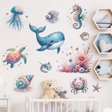 1pc Fish Print Wall Sticker, Cartoon Coral And Fish Print Wall Sticker, Undersea Blue Ocean Wall Sticker, Cartoon Removable Underwater Sea Wall Sticker, Whale Devil Ray Manta Ray Fish Wall Sticker, Suitable For Home Decor, Nursery Bedroom Living Room, Playroom, Watercolor Marine Life Decor, Stickers, Wall Decal, Vinyl Decal For Home Decorations, Spring Decoration Items Refresh Your Home, Rama Decoration Stickers Gifts Birthday Graduation - Multicolor - View 5