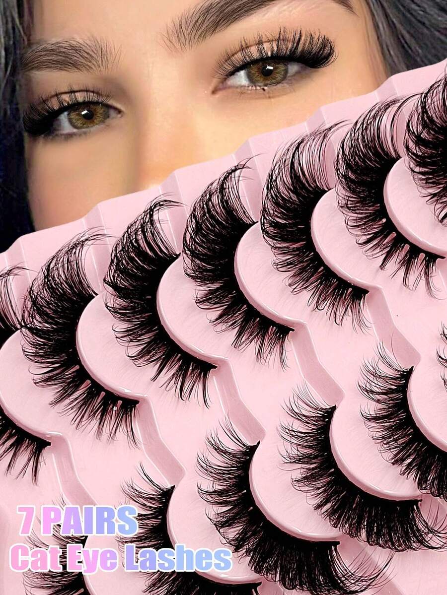 7 Pairs Asiteo Cat Eye False Eyelashes, Faux Mink Lashes, Flared Ends, Elongate Eye Shape, Natural & Lengthening Lash Extensions - 眼尾拉長款 - 查看 1