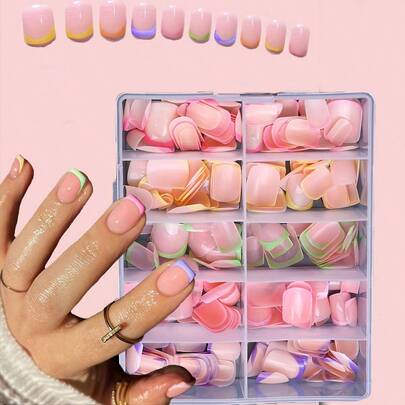 240pcs Colorful Nail Stickers, Pink, Green, Purple Mixed Colors, Short Round Shape, Press-On Nail Stickers, Nail Art Supplies Press On Nails