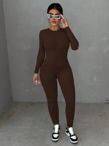 Women's Solid Color Round Neck Long Sleeve Jumpsuit, Rib Knit Skinny, Suitable For Spring & Autumn - 咖啡棕 - 查看 2