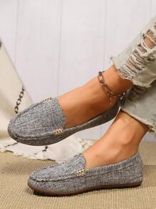 秋冬新款大码百搭春夏日常通勤轻便平底休闲乐福鞋，亚麻纯色一脚蹬金属扣圆头透气面料拼布手工蕾丝灰色帆布低帮女式休闲莫卡辛鞋，女式运动鞋 - 灰色 - 查看 5