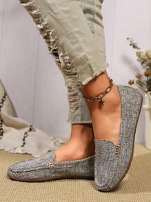 秋冬新款大码百搭春夏日常通勤轻便平底休闲乐福鞋，亚麻纯色一脚蹬金属扣圆头透气面料拼布手工蕾丝灰色帆布低帮女式休闲莫卡辛鞋，女式运动鞋 - 灰色 - 查看 6