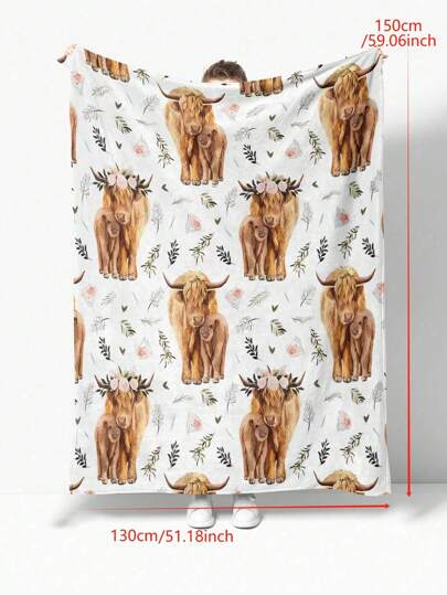 1pc Cartoon Floral & Highland Cow Pattern Flannel Blanket, Cozy For Home, Room Decor, Picnic, Travel, Soft Throw Gift For Family And Friends
