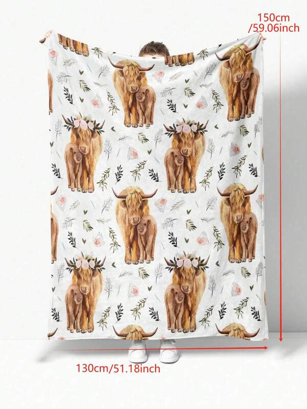1pc Cartoon Floral & Highland Cow Pattern Flannel Blanket, Cozy For Home, Room Decor, Picnic, Travel, Soft Throw Gift For Family And Friends