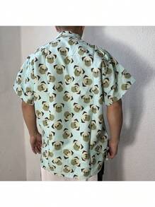 Camisa de manga corta para hombre, diseño de gato, estampado de dibujos animados, estilo hawaiano, informal, para vacaciones, verano, playa, suelta, de gran tamaño Camisa de boliche retro con botones para hombre, estilo, con bolsillo - Verde militar - Ver 2