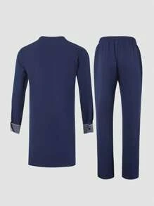 1 conjunto Conjunto Dashiki Azul Marinho Masculino, Gola e Punhos Bordados, Manga Longa, Calça de Cintura Elástica, Traje Africano, Camisa e Calça Casuais Masculinas 2 Peças, Novo Estilo para Todas as Estações, Casamento, Festa, Encontro, Uso Diário