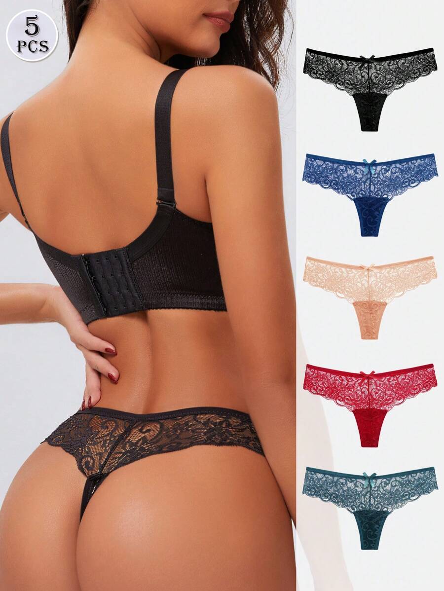 5pcs Women' Low-Rise Sexy Lace Thong Underwear - Multicolor - View 1