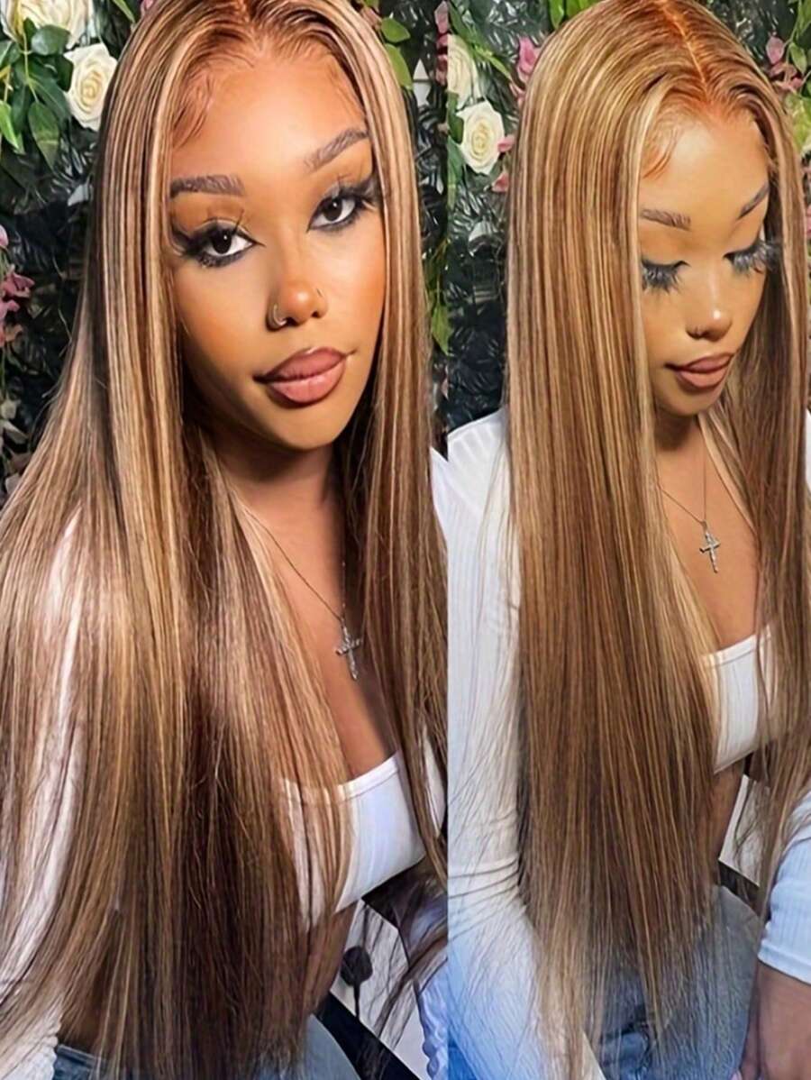 直发 13x4 蕾丝前假发 180 密度透明蕾丝假发亮点 4/27 彩色 16-32 英寸渐变直发前假发 已拔取婴儿头发 女士直发透明蕾丝前假发 人发