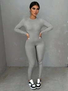 女士纯色罗纹针织长袖连体裤，瑜伽服，高弹面料，春秋季 - 灰色 - 查看 5