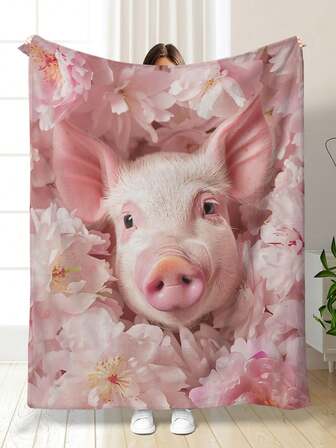 1 pieza Manta de franela ultra suave, diseño lindo de cerdo adecuado para sofá o dormitorio, regalo de Navidad, manta de franela estampada de alta definición disponible en varios tamaños