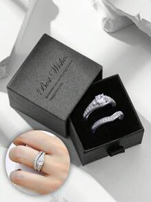 盒装镶钻订婚戒指，纯铜高端戒指适合女士婚礼和日常佩戴，节日礼物 - 銀色 - 查看 1