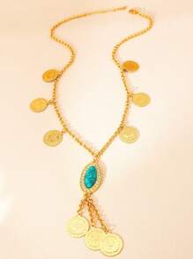1pc Fashion Imitation Turquoise Gold Necklace Coin Fringe Decorative Necklace Suitable For Ladies Daily Date Holiday Gifts - Yellow Gold - View 11